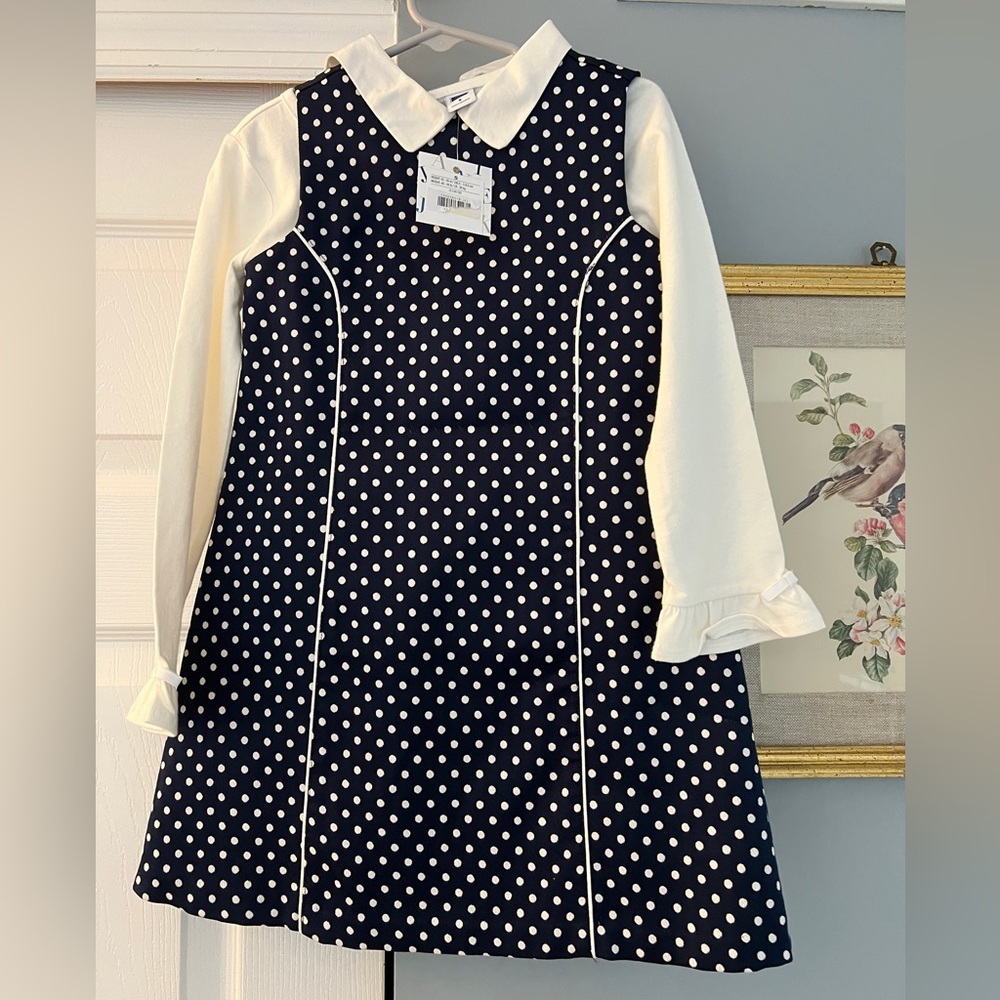 New Janie and Jack Navy polka dots Dress w/white collar bundle lot top bow 5T ju